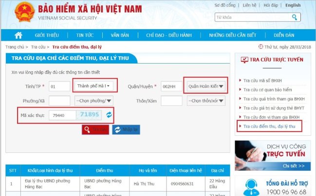 Tra cứu điểm thu, đại lý thu BHXH, BHYT