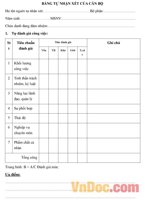 Mẫu bảng tự nhận xét của cán bộ