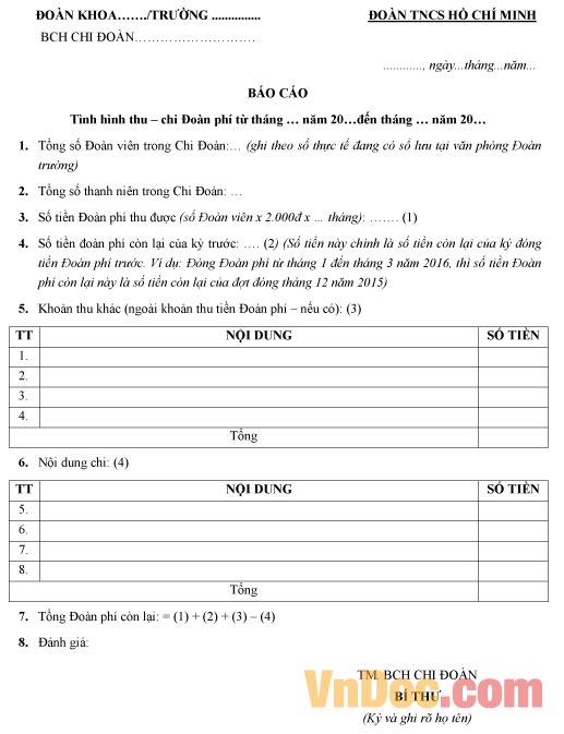 Mẫu báo cáo đoàn phí chi đoàn
