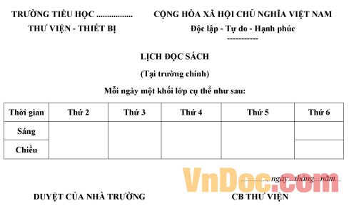 Mẫu lịch đọc sách tại thư viện