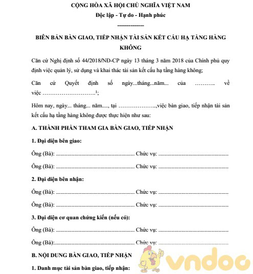 Biên bản bàn giao, tiếp nhận tài sản kết cấu hạ tầng hàng không