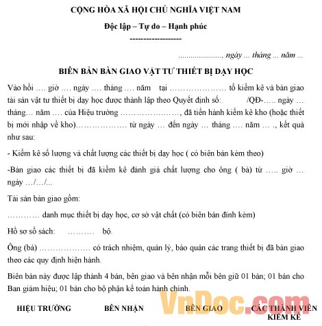 Mẫu biên bản ghi chép việc bàn giao vật tư thiết bị dạy học