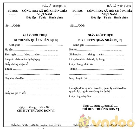 Giấy giới thiệu di chuyển quân nhân dự bị