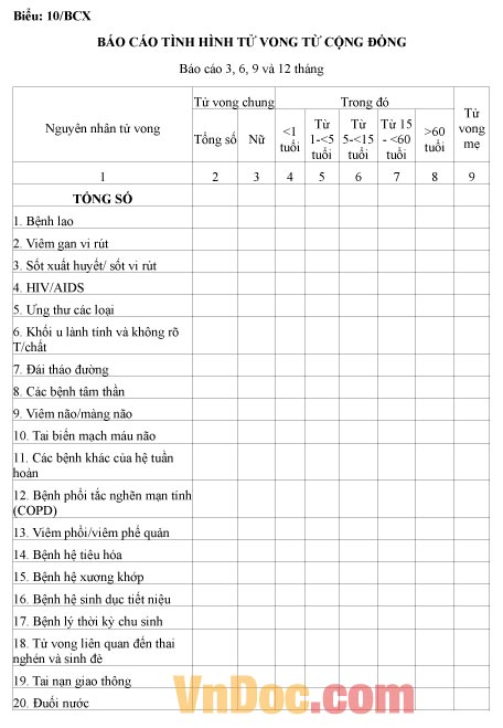 Mẫu báo cáo tình hình tử vong từ cộng đồng