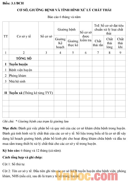 Mẫu báo cáo cơ sở giường bệnh và tình hình xử lý chất thải