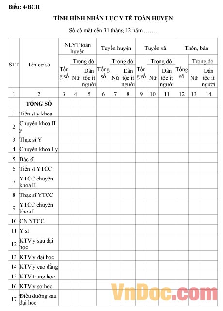 Mẫu báo cáo tình hình nhân lực y tế toàn huyện