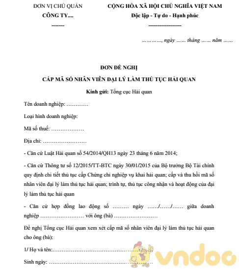 Đơn đề nghị cấp mã số nhân viên đại lý làm thủ tục hải quan