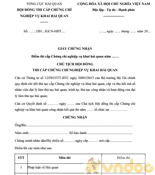 Giấy chứng nhận điểm thi cấp Chứng chỉ nghiệp vụ khai hải quan