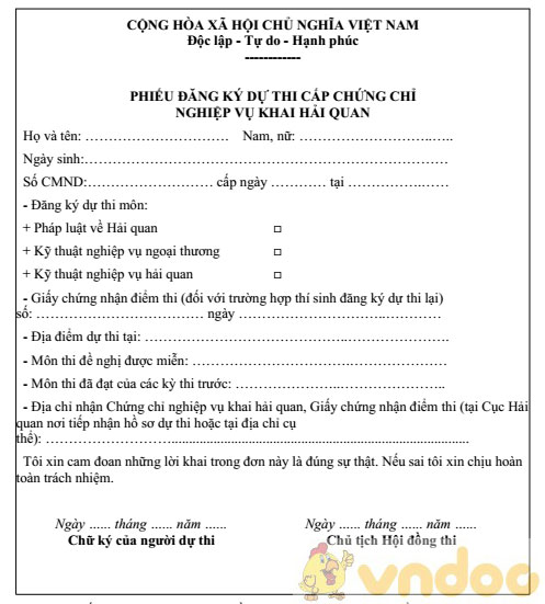 Phiếu đăng ký dự thi cấp chứng chỉ nghiệp vụ hải quan