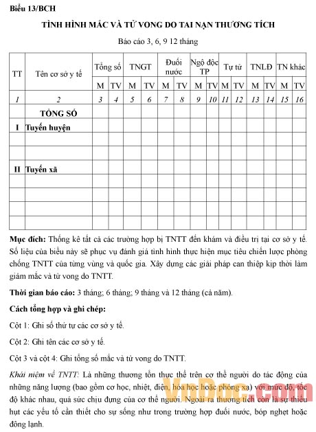 Mẫu báo cáo tình hình mắc và tử vong do tai nạn thương tích