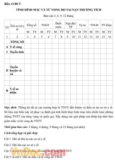 Mẫu báo cáo tình hình mắc và tử vong do tai nạn thương tích