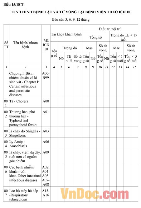 Mẫu báo cáo tình hình bệnh tật và tử vong tại bệnh viện theo ICĐ 10