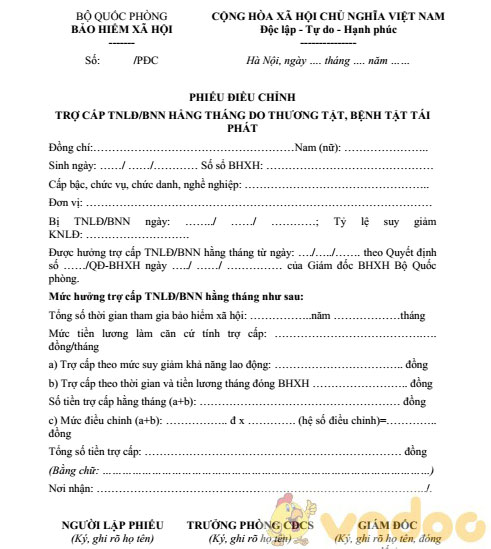 Phiếu điều chỉnh trợ cấp tai nạn lao động hằng tháng do thương tật, bệnh tật tái phát