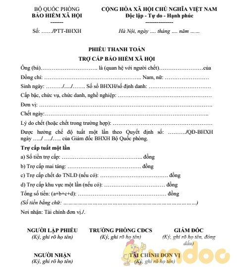 Phiếu thanh toán chế độ trợ cấp bảo hiểm xã hội