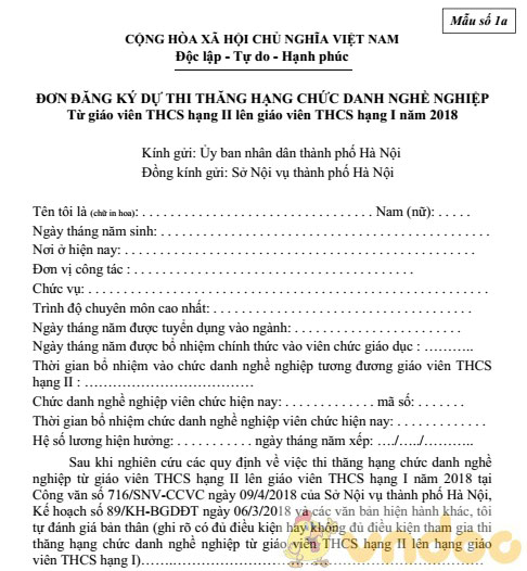 Đơn đăng ký dự thi thăng hạng chức danh nghề nghiệp giáo viên THCS hạng II lên hạng I