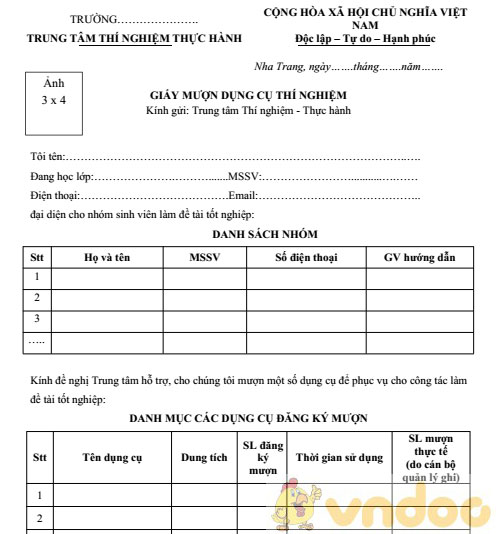 Đơn xin mượn dụng cụ thí nghiệm