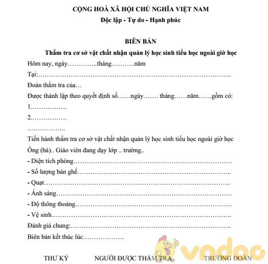 Biên bản thẩm tra cơ sở vật chất nhận quản lý học sinh ngoài giờ học