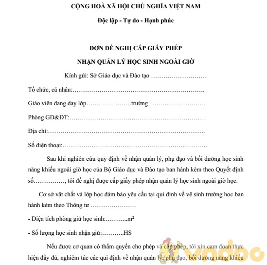 Đơn đề nghị cấp giấy phép nhận quản lý học sinh ngoài giờ