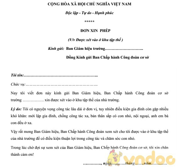 Đơn xin phép vào ở khu tập thể