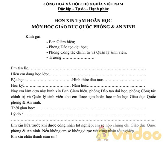 Đơn xin tạm hoãn học giáo dục quốc phòng