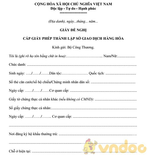 Giấy đề nghị cấp Giấy phép thành lập Sở Giao dịch hàng hóa