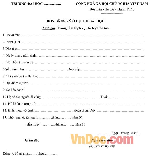 Mẫu đơn xin đăng ký ở ký túc xá để dự thi kỳ thi đại học