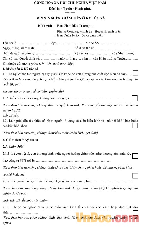 Mẫu đơn đề nghị miễn, giảm tiền ký túc xá