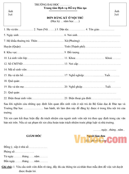 Mẫu đơn xin được ở nội trú tại ký túc xá