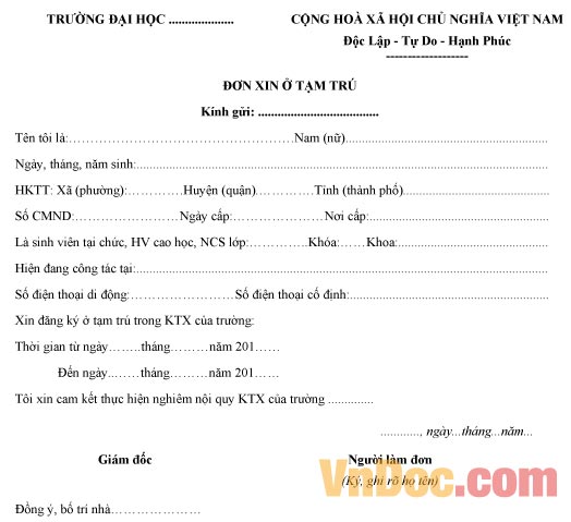 Mẫu đơn xin được ở tạm trú tại ký túc xá