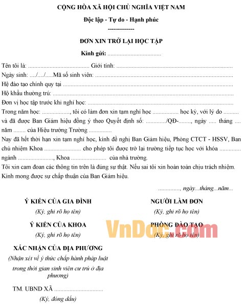 Mẫu đơn xin được trở lại học tập