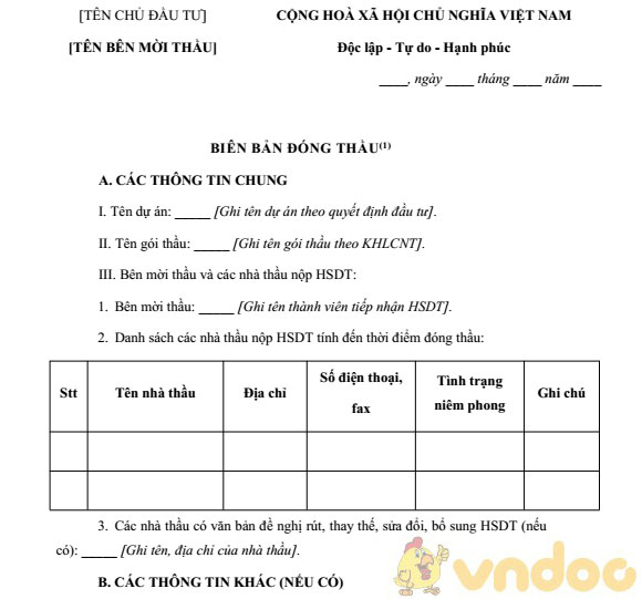 Mẫu biên bản đóng thầu