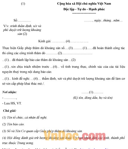 Mẫu công văn về việc trình thẩm định, xét và phê duyệt trữ lượng khoáng sản