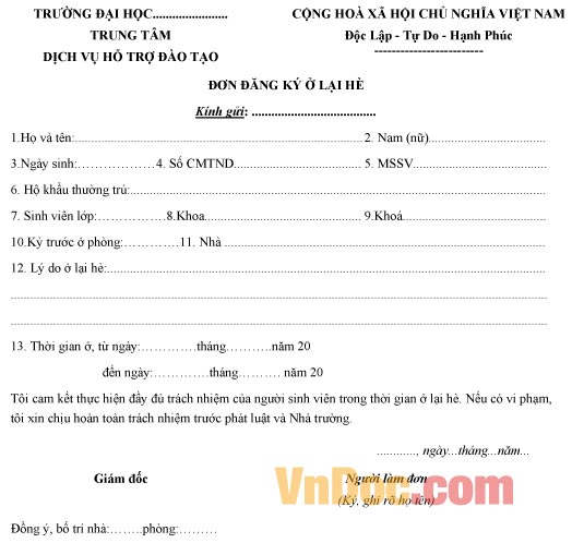 Mẫu đơn đăng ký ở lại ký túc xá ở hè