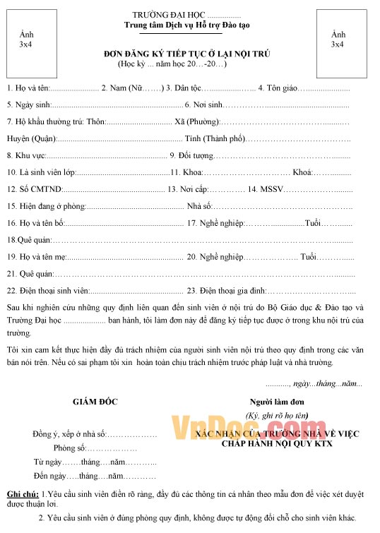 Mẫu đơn xin tiếp tục ở nội trú