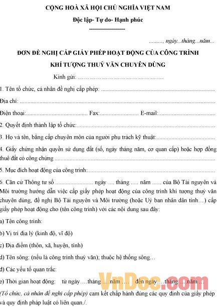 Mẫu đơn xin cấp giấy phép hoạt động công trình khí tượng thủy văn chuyên dùng