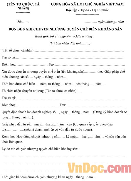 Mẫu đơn xin chuyển nhượng quyền chế biến khoáng sản