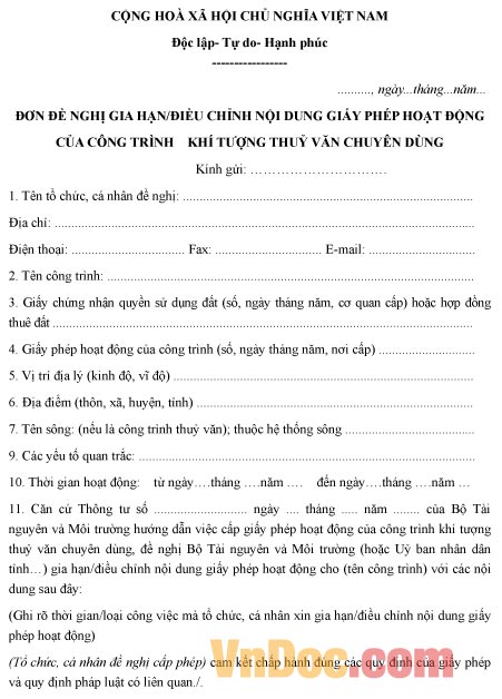 Mẫu đơn xin gia hạn điều chỉnh giấy phép hoạt động công trình khí tượng thủy văn