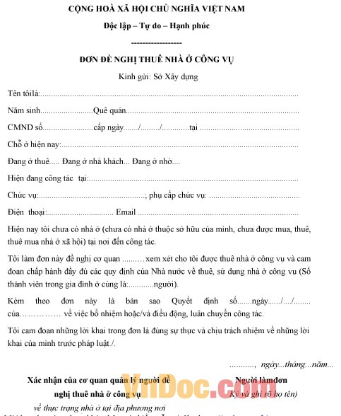 Mẫu đơn đề nghị về việc thuê nhà ở công vụ
