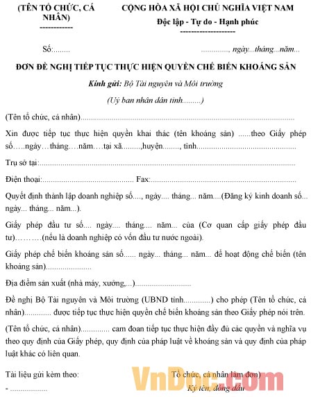 Mẫu đơn xin tiếp tục thực hiện quyền chế biến khoáng sản