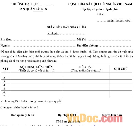 Mẫu giấy đề xuất sửa chữa