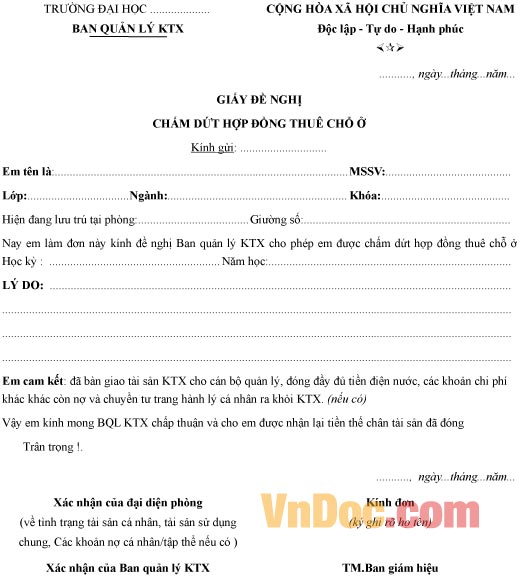 Mẫu đơn xin chấm dứt hợp đồng chỗ ở