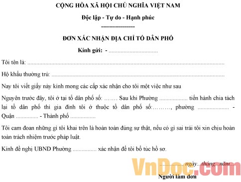 Mẫu đơn xin xác nhận tổ dân phố