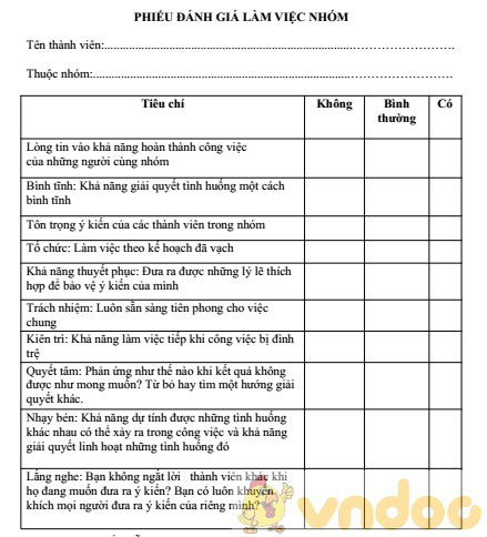 Phiếu đánh giá làm việc nhóm