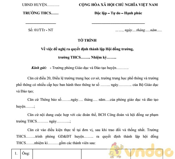 Tờ trình đề nghị thành lập hội đồng trường
