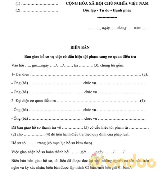 Biên bản bàn giao hồ sơ vụ việc có dấu hiệu tội phạm sang cơ quan chức năng