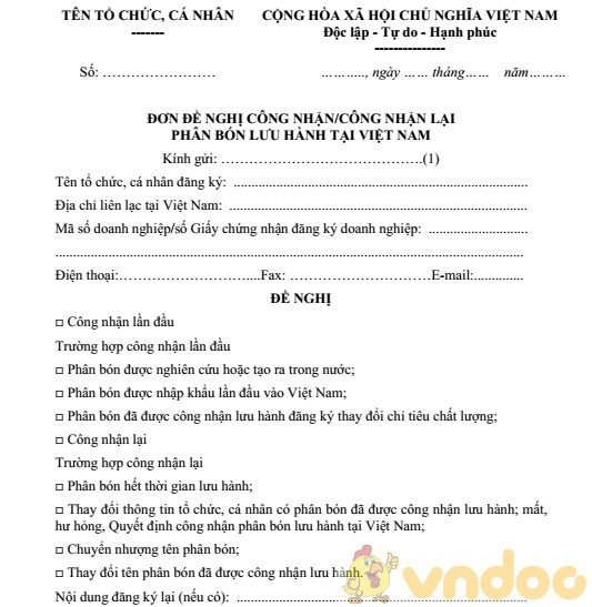 Đơn đề nghị công nhận phân bón lưu hành tại Việt Nam