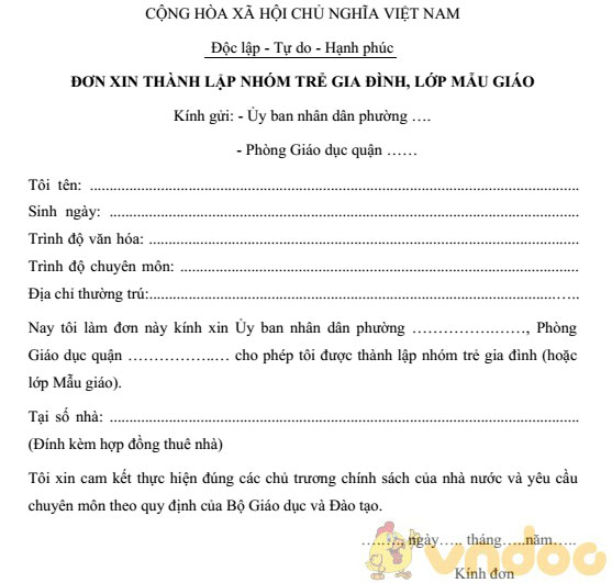 Đơn xin thành lập nhóm trẻ gia đình