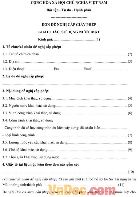 Mẫu đơn xin cấp giấy phép khai thác, sử dụng nước mặt