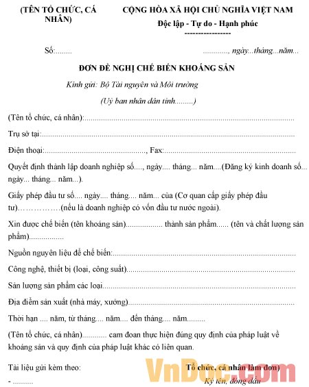 Mẫu đơn xin chế biến khoáng sản