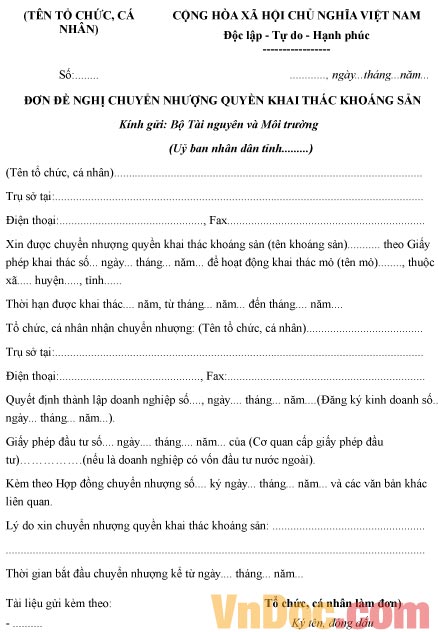 Mẫu đơn xin chuyển nhượng quyền khai thác khoáng sản